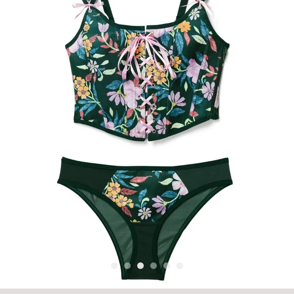 Adore Me Dark Green Floral Lace-Up Bustier & Bikini Set - Pink, Yellow, Lavender - Picture 1 of 2